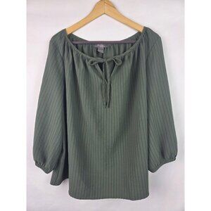 Olivia & Martin Women's Top Size 1X Green Striped Tie 3/4 Sleeve Shirt Blouse